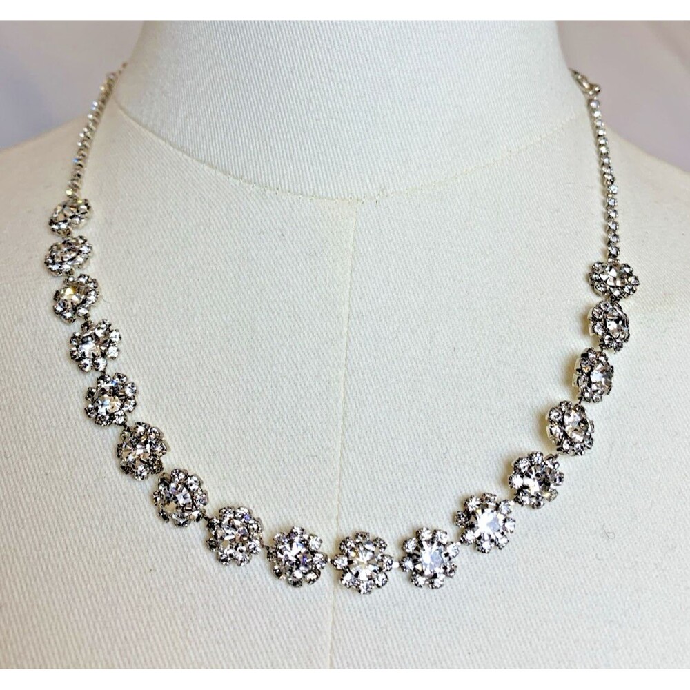Vintage Floral Rhinestone Convertible Choker Necklace Silver Tone Bridal